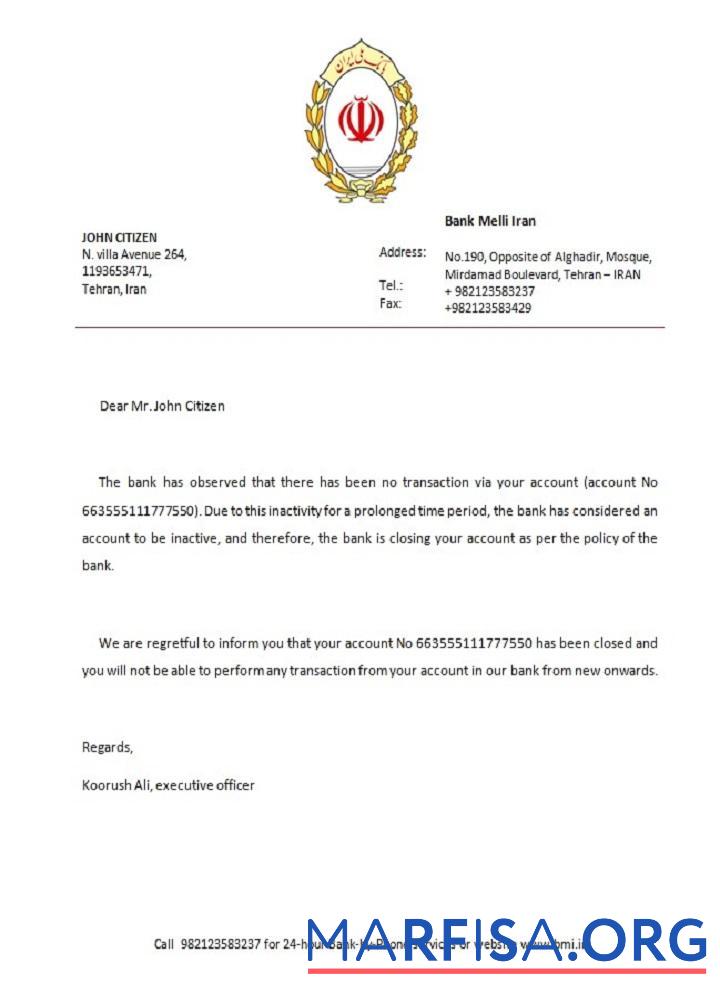 Downloadable Iran Melli bank closure reference real example